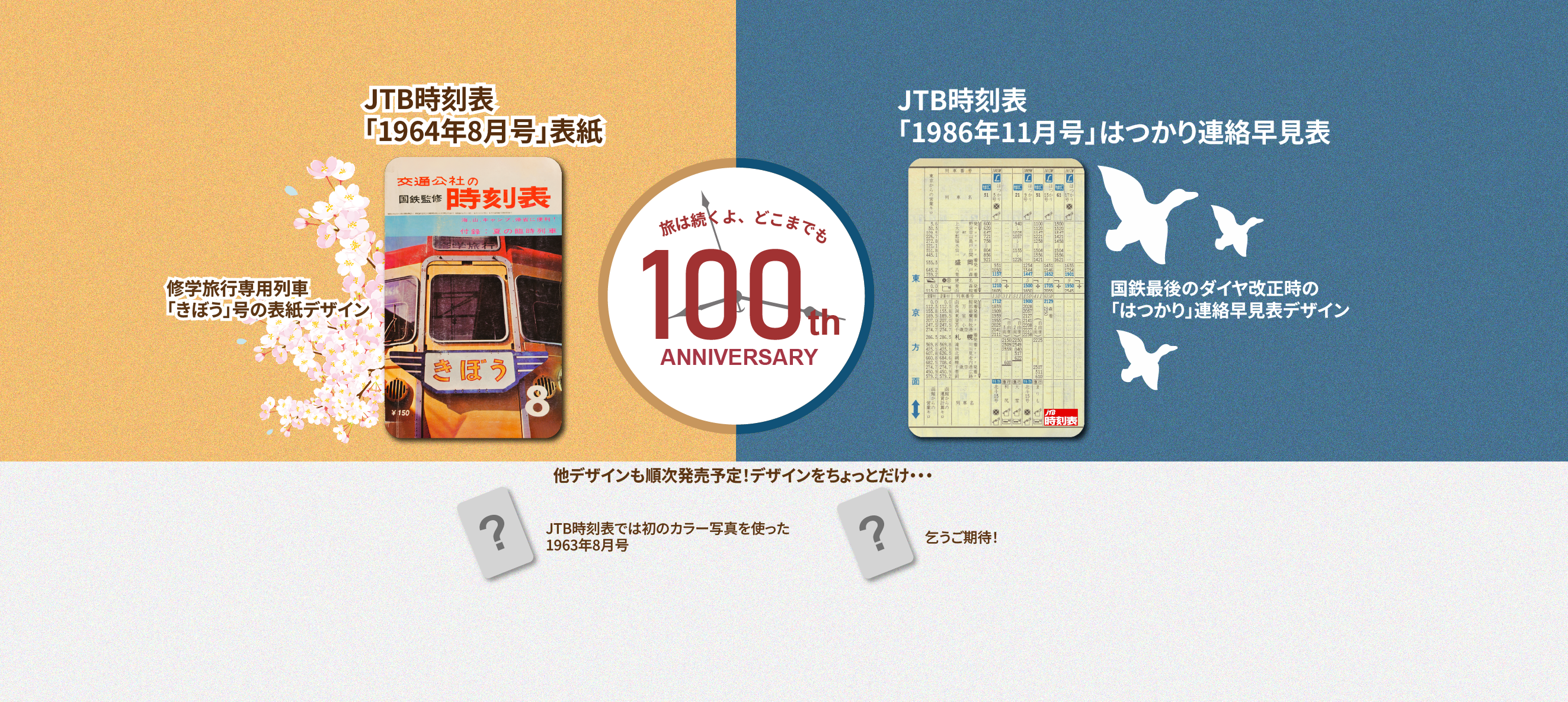 JTB時刻表の記念デザインを紹介する画像。左側には1964年8月号の表紙があり、「交通公社の国鉄監修 時刻表」「修学旅行専用列車『きぼう』号の表紙デザイン」と記載。右側には1986年11月号の「はつかり連絡早見表」があり、「国鉄最後のダイヤ改正時の『はつかり』連絡早見表デザイン」と書かれている。中央には「旅は続くよ、どこまでも 100th ANNIVERSARY」と書かれた円形ロゴが配置されている。下部には「他デザインも順次発売予定！デザインをちょっとだけ・・・JTB時刻表では初のカラー写真を使った1963年8月号と乞うご期待！」という案内文がある。