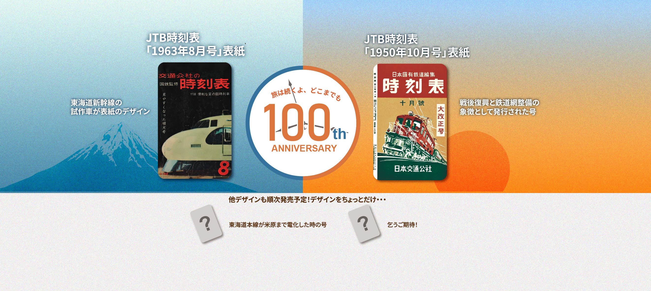 JTB時刻表100周年記念画像。中央に『旅は続くよ、どこまでも 100th ANNIVERSARY』の円形ロゴ。左側に1963年8月号の表紙、黒地に東海道新幹線試作車の写真、赤文字で『交通会社の時刻表』、下部に数字『8』。右側に1950年10月号の表紙、緑と赤の背景に電気機関車のイラスト、赤帯に『時刻表』、白帯に『大改正号』、下部に『日本交通公社』。背景は左が青系で富士山のシルエット、右がオレンジ系。下部には灰色カード2枚と説明文『他デザインも順次発売予定』、その下に『東海道本線が米原まで電化した時の号』と『乞うご期待！』の文字。