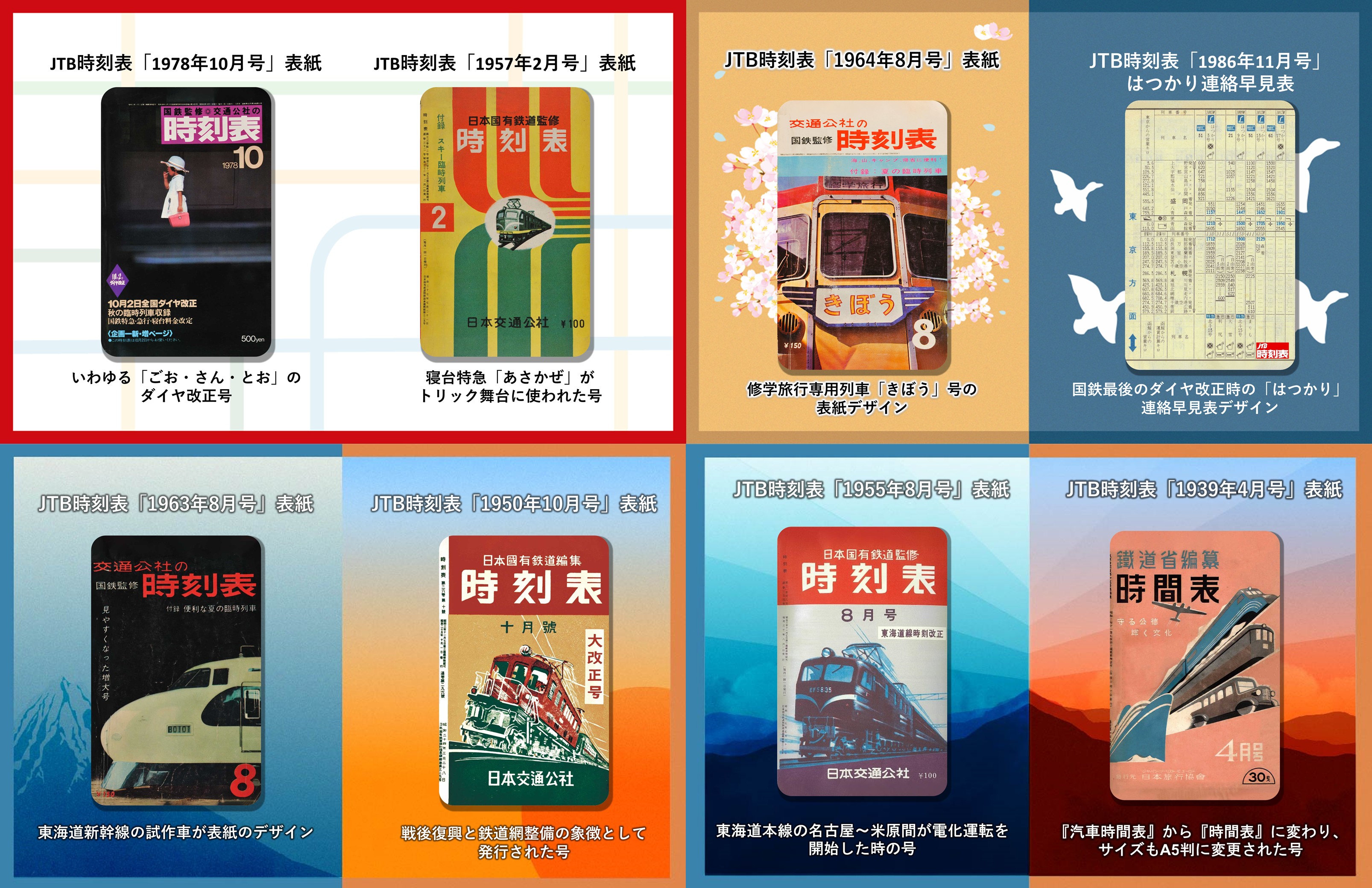 JTB時刻表の歴代表紙を紹介する画像。上段左から、1978年10月号はクロームホームを歩く女性を写した写真表紙、1957年2月号は緑と黄の帯に列車イラストを描いたカラフルなデザイン、1964年8月号は修学旅行専用列車「きぼう」号の車両写真と桜のイラスト、1986年11月号は国鉄最後のダイヤ改正時の「はつかり」下段左から、1963年8月号は東海道新幹線試作車の写真、1950年10月号は赤い電気機関車の写真、1955年8月号は夜の青い機関車の写真、1939年4月号は流線形の列車のイラストが描かれた「汽車時間表」から「時間表」へ名称変更した号の表紙が並び、時刻表と鉄道の歴史の変遷を視覚的に示している。